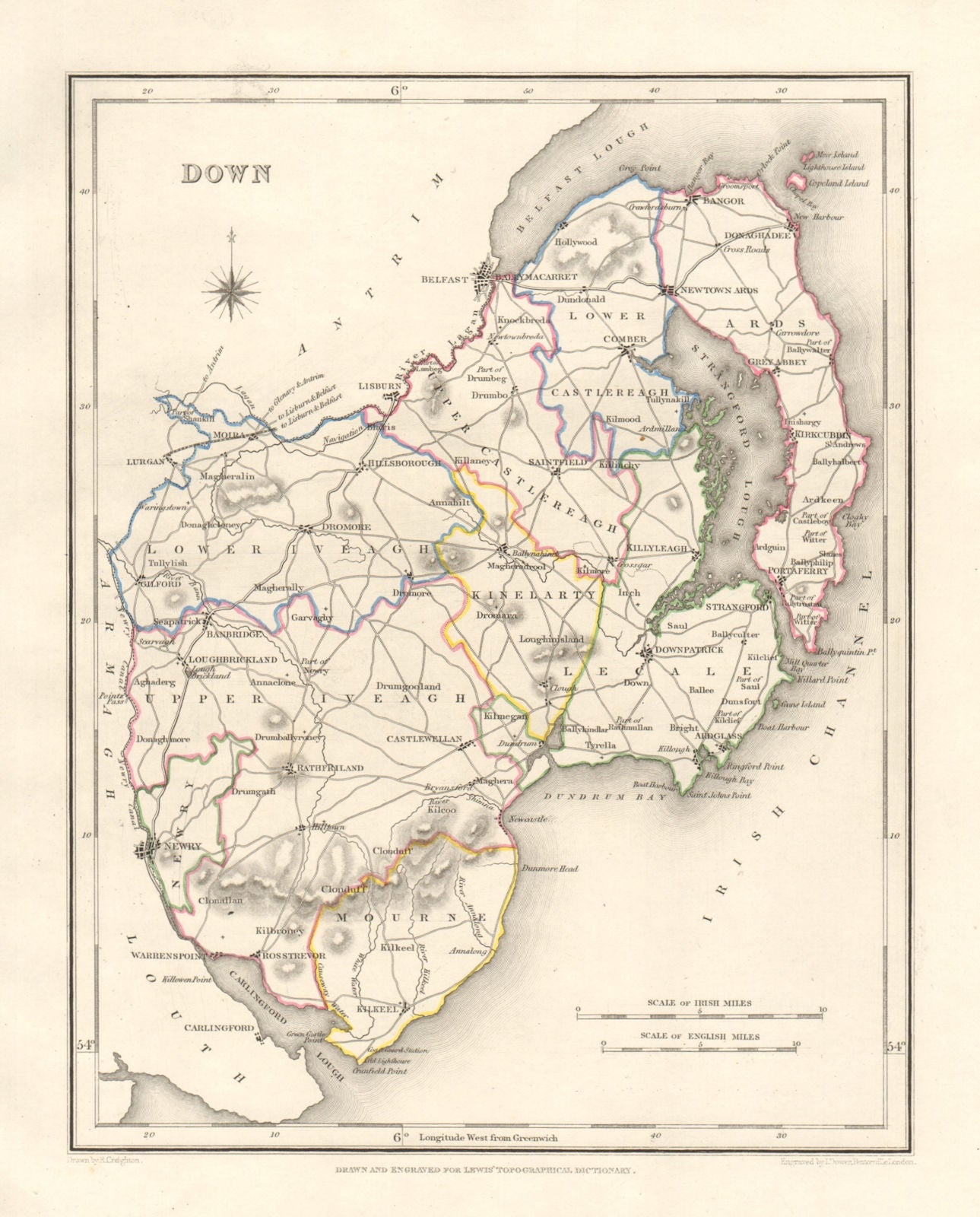 COUNTY DOWN antique map for LEWIS by DOWER & CREIGHTON. Ulster 1846 old